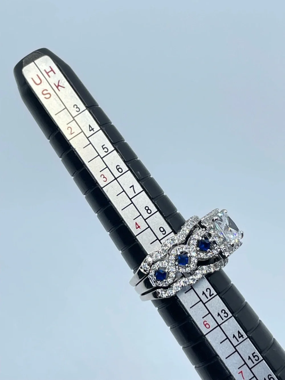 925 Sterling Silver Cushion Cut Diamond Sapphire R3 Band Wedding Ring‎ Set 5